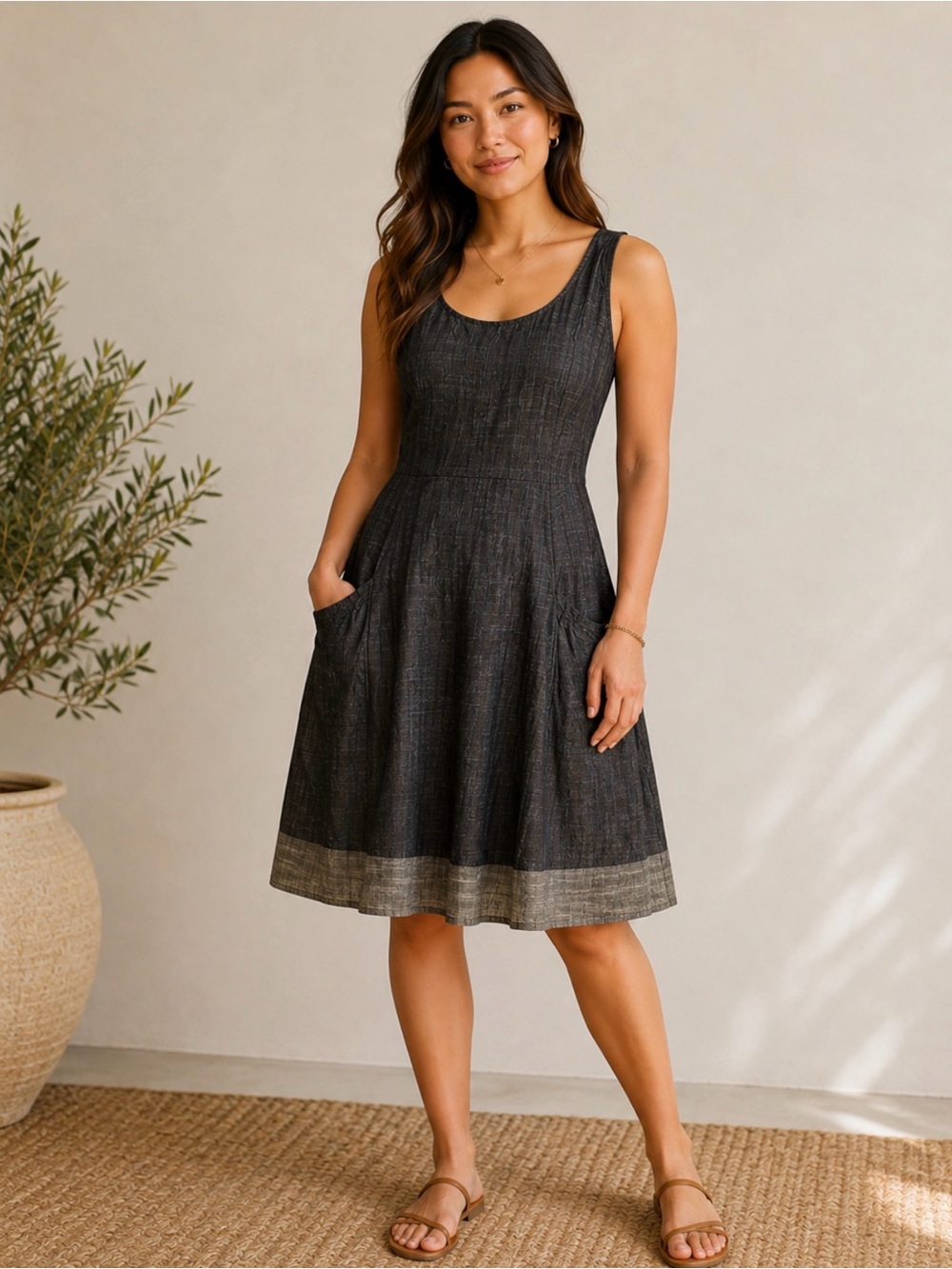 eShakti Women’s Denim Sleeveless Sweetheart Midi Dress Xl/14 Minimalist Cottage